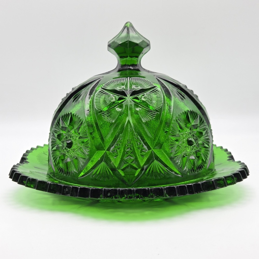 Vintage Kemple Emerald Green Yutec Fan & Star Pattern Pressed Glass Butter Dish